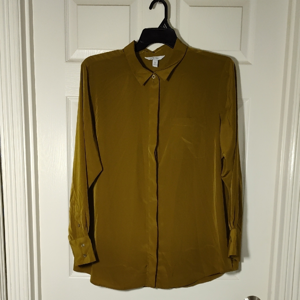 Dark Mustard Yellow/ Olive Green Tan Color Rich Button-Up Blouse